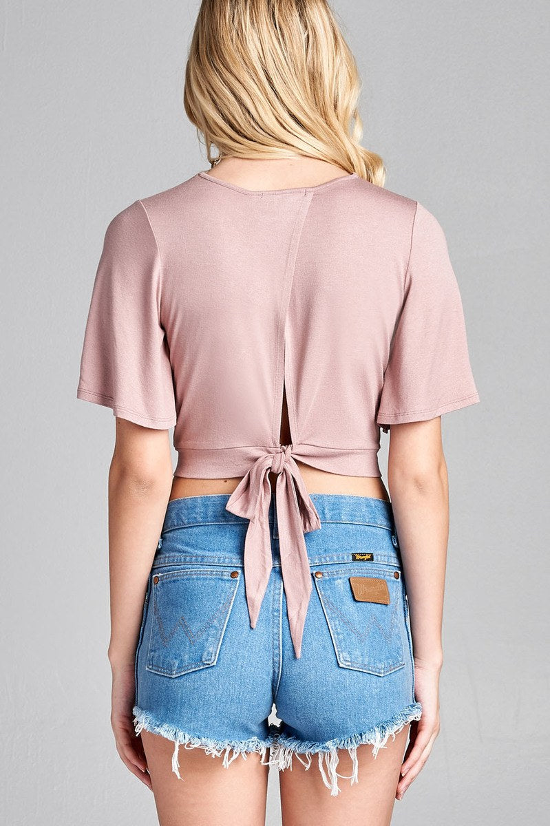 Ladies fashion short bell sleeve round neck wrap w/bow tie rayon spandex crepe knit top