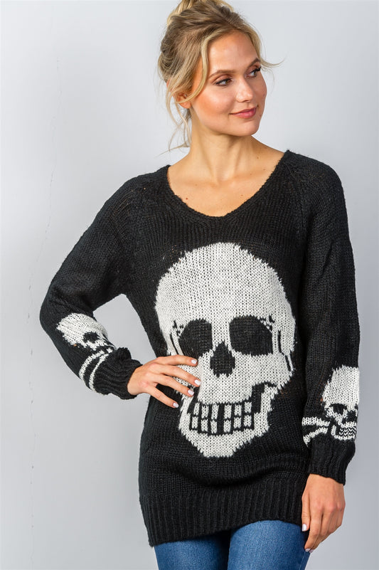Ladies fashion contrast skull printed pullover sweater