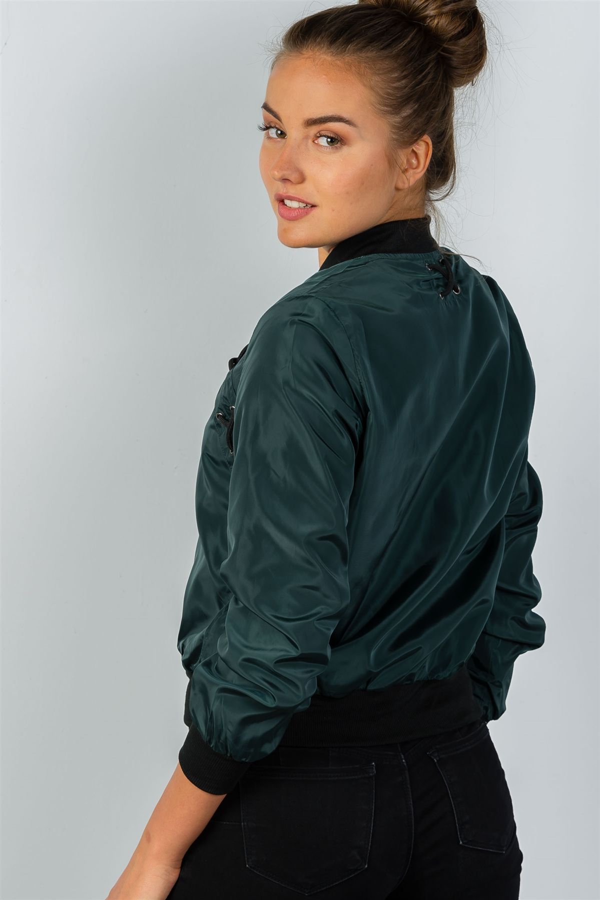 Ladies fashion front zipper closure sides lace-up bomber jacket