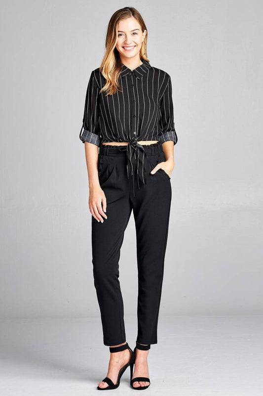 Ladies fashion 3/4 roll up sleeve front self tie w/button stripe rayon challis woven top