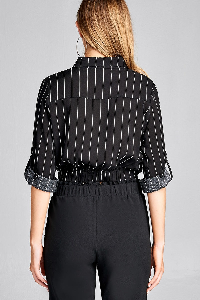 Ladies fashion 3/4 roll up sleeve front self tie w/button stripe rayon challis woven top