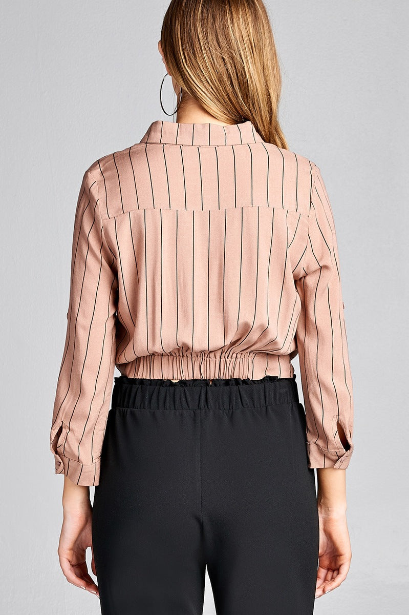 Ladies fashion 3/4 roll up sleeve front self tie w/button stripe rayon challis woven top