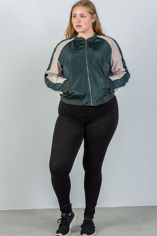 Ladies fashion plus size color block stand collar zipper long sleeve bomber jacket