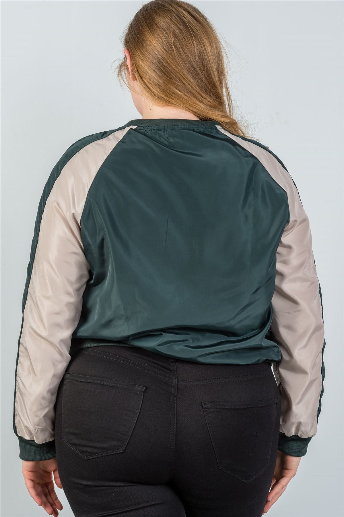 Ladies fashion plus size color block stand collar zipper long sleeve bomber jacket