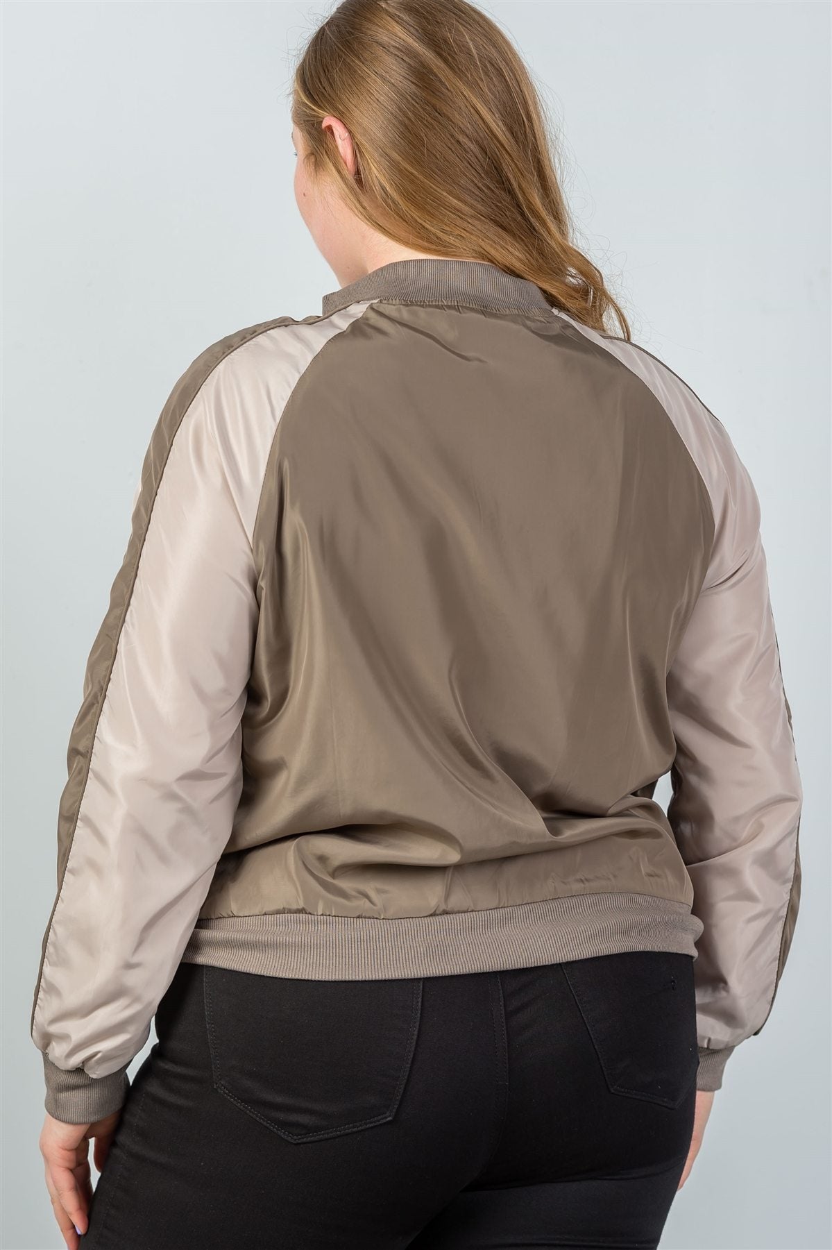 Ladies fashion plus size color block stand collar zipper long sleeve bomber jacket