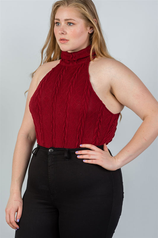 Ladies fashion plus size cable knit turtleneck sleeveless bodysuit