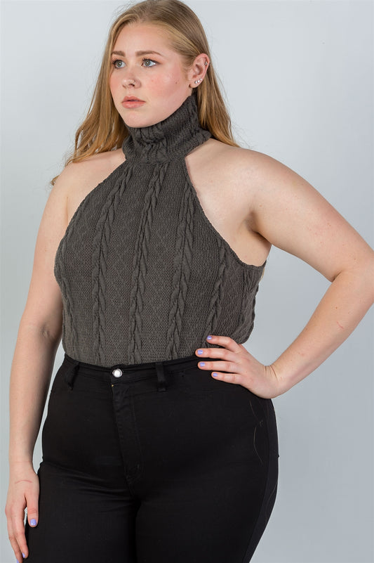 Ladies fashion plus size cable knit turtleneck sleeveless bodysuit
