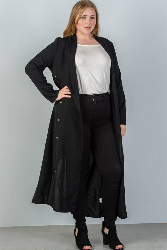 Ladies fashion plus size black back hem slit side button detail ankle length cardigan