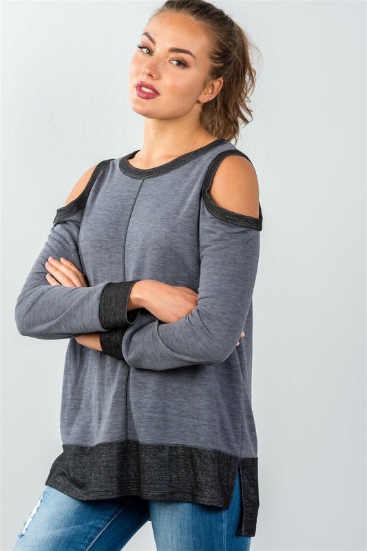 Ladies fashion cold shoulder hi-low colorblock sweatshirt