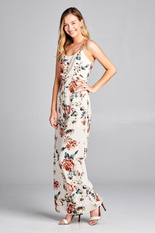 Ladies fashion v-neck back cross strap closure floral print long leg cami jumpsuit