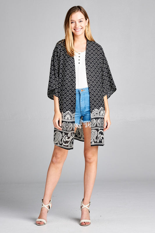 Ladies fashion open front border print woven kimono