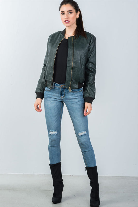 Ladies fashion fully lined peacock pleather bomber jacket