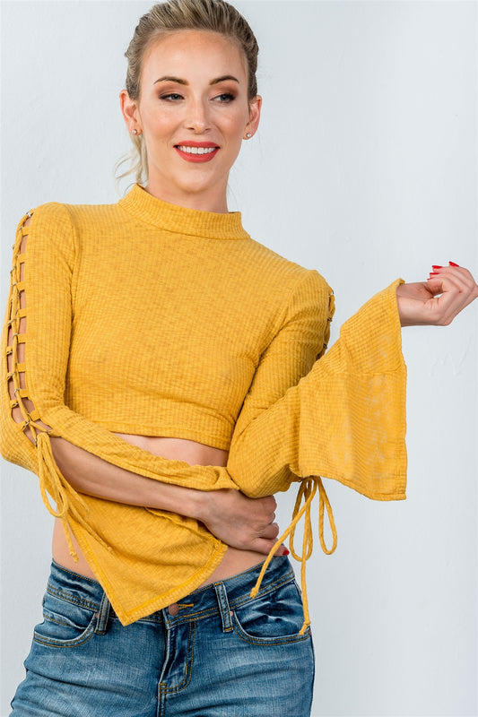 Ladies fashion split sleeve lace up ribbed crop top