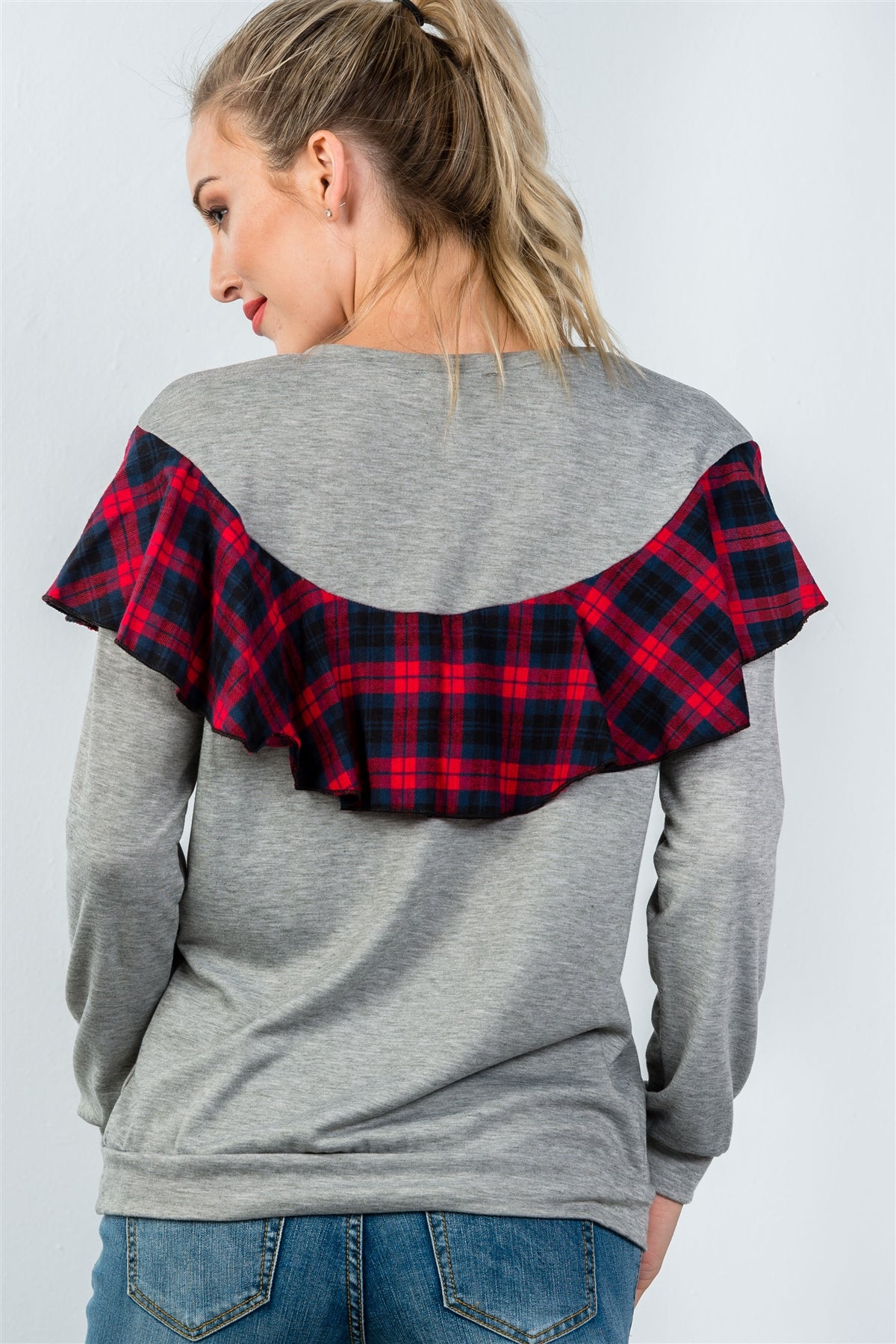 Ladies fashion long sleeve plaid ruffle pullover sweatshirt