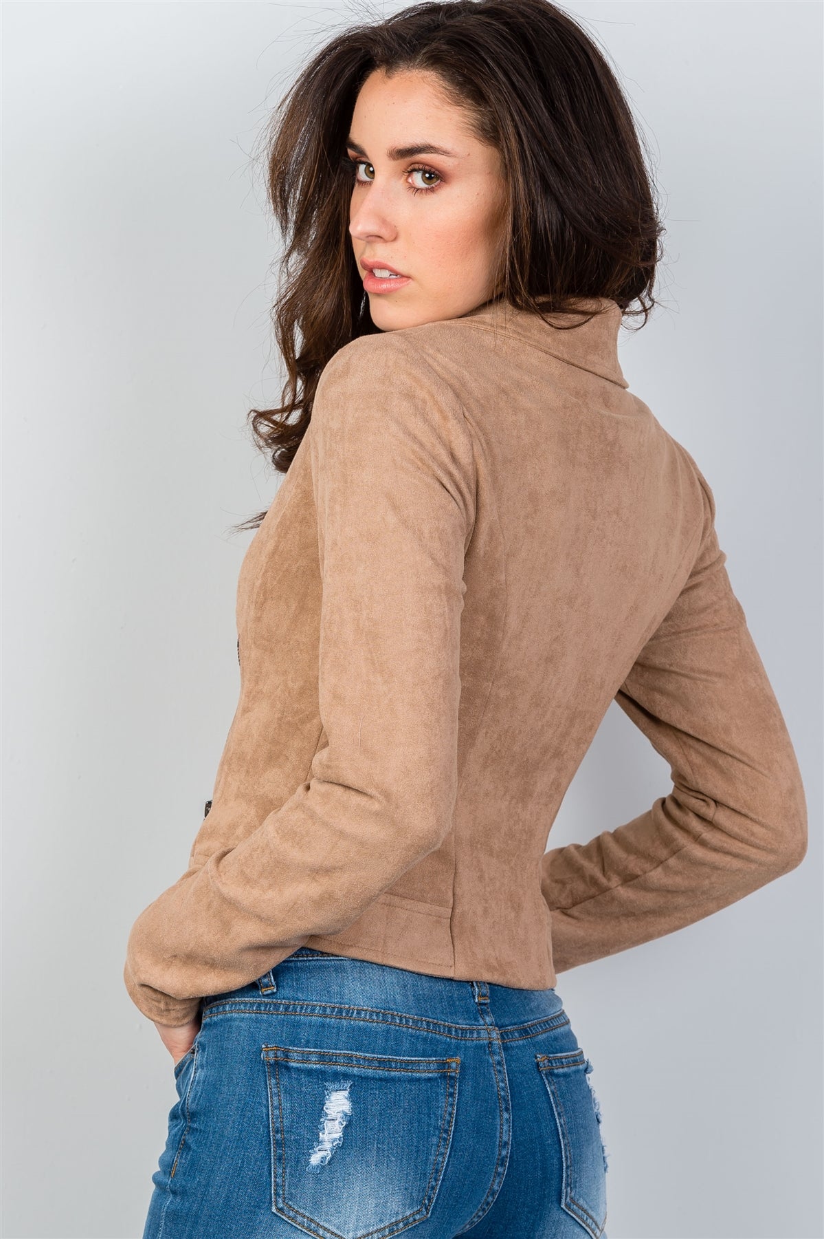 Ladies fashion asymmetric zippered faux suede jacket