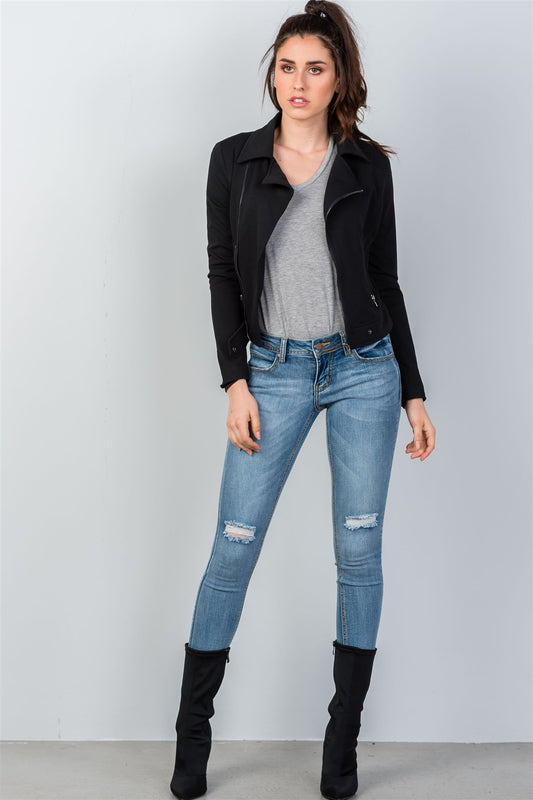 Ladies fashion asymmetric zippered faux suede jacket