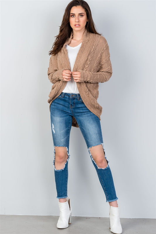 Ladies fashion open front drop shoulder cable knit cardigan