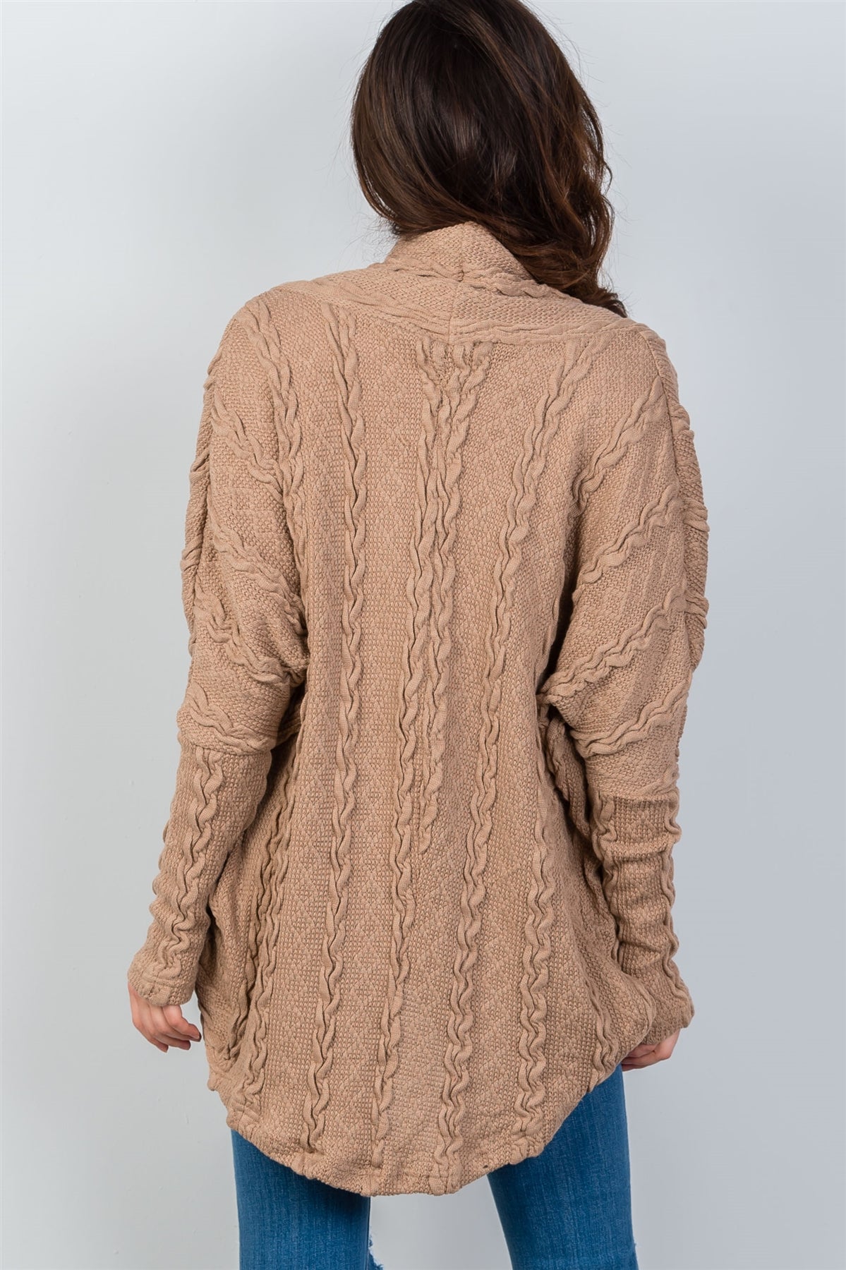 Ladies fashion open front drop shoulder cable knit cardigan