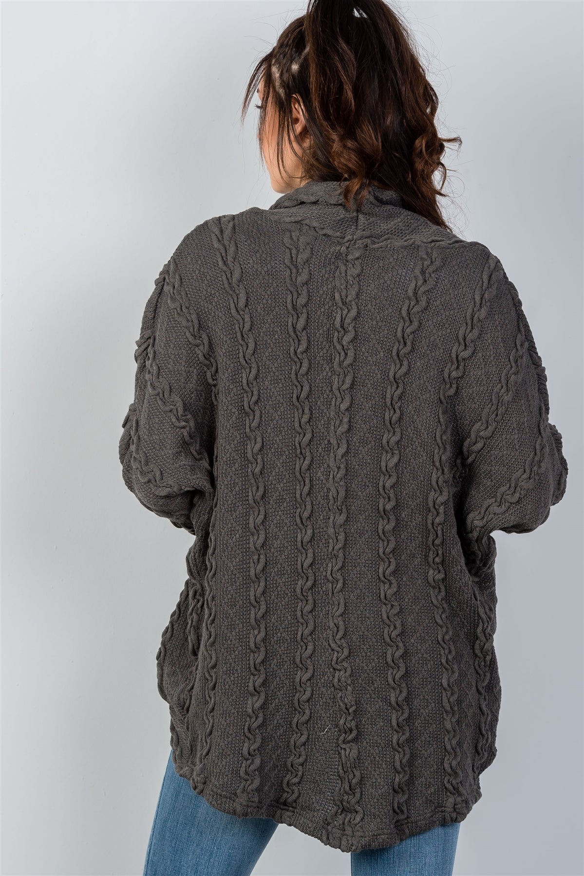 Ladies fashion open front drop shoulder cable knit cardigan