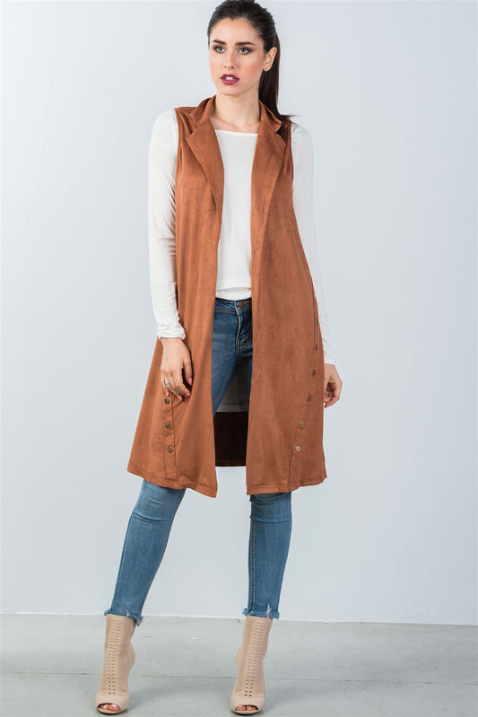 Ladies fashion knee length sleeveless open front cardigan vest