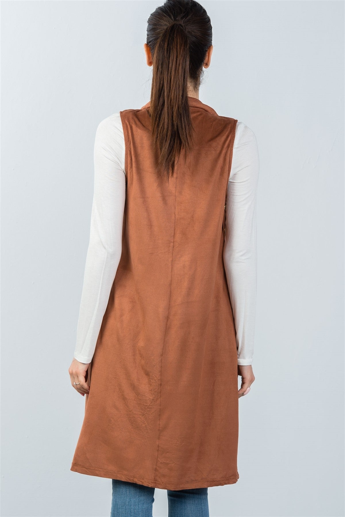 Ladies fashion knee length sleeveless open front cardigan vest