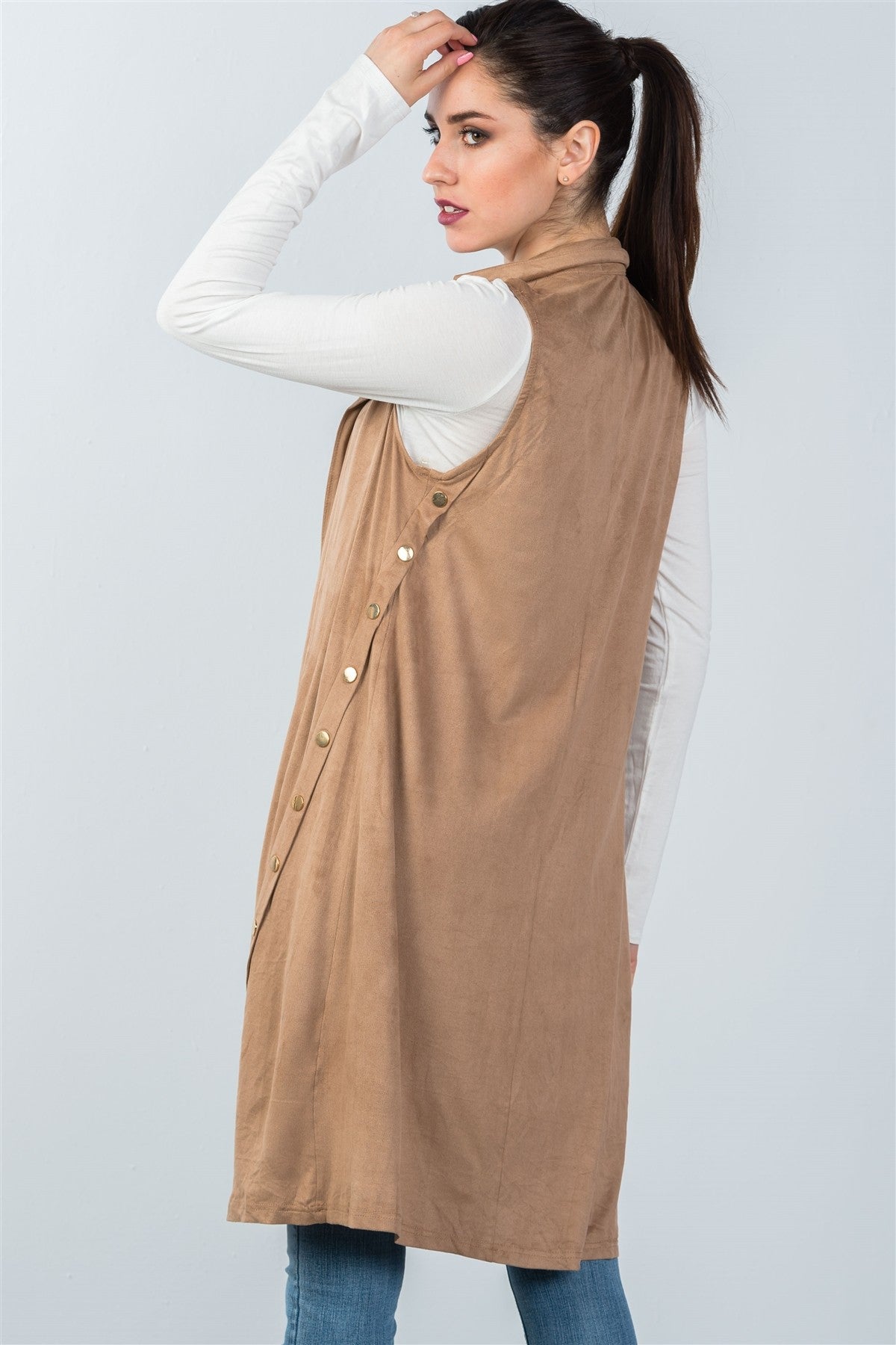 Ladies fashion knee length sleeveless open front cardigan vest