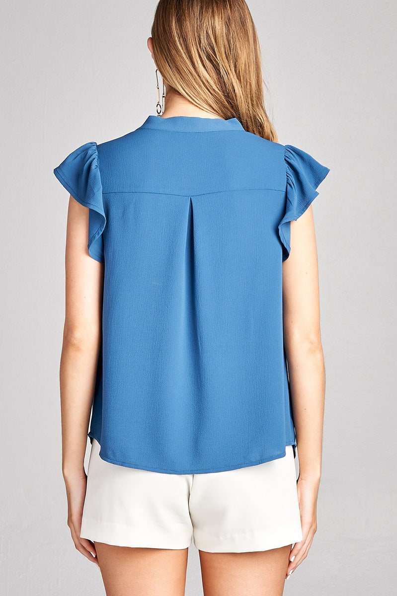 Ladies fashion plus size v-neck w/tie closure and ruffle cap sleeve crepe woven top