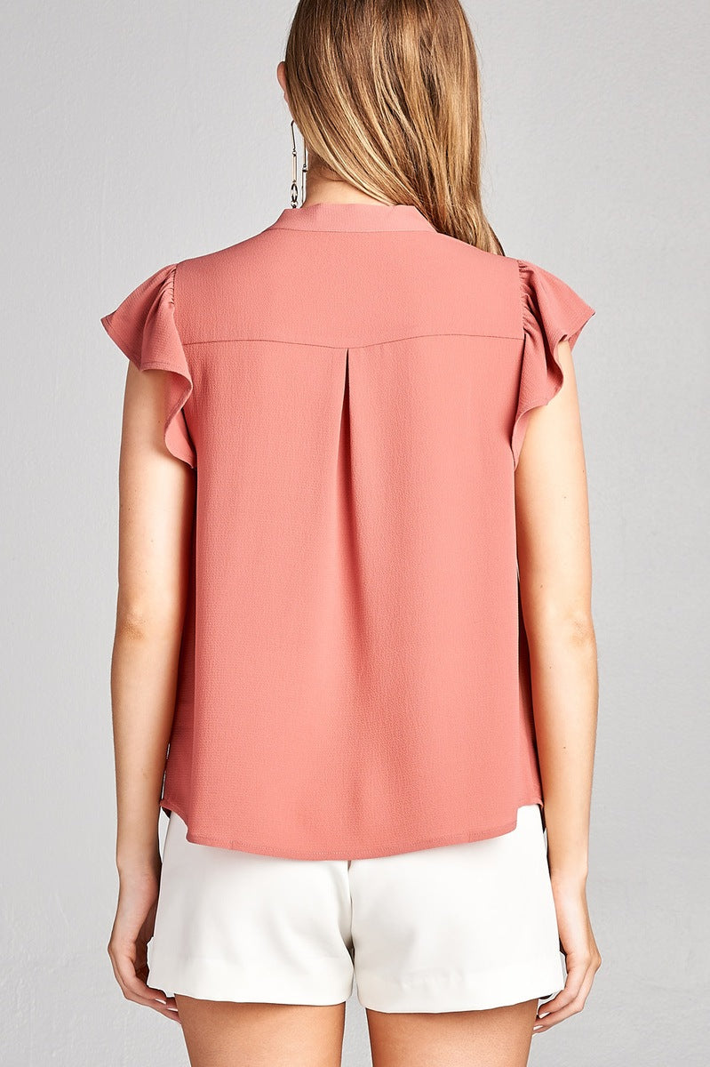 Ladies fashion plus size v-neck w/tie closure and ruffle cap sleeve crepe woven top