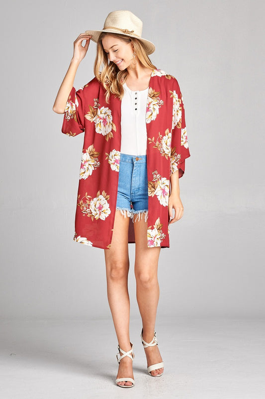 Ladies fashion plus size open front floral print woven kimono