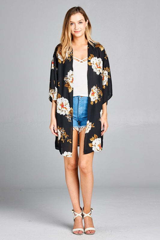 Ladies fashion plus size open front floral print woven kimono