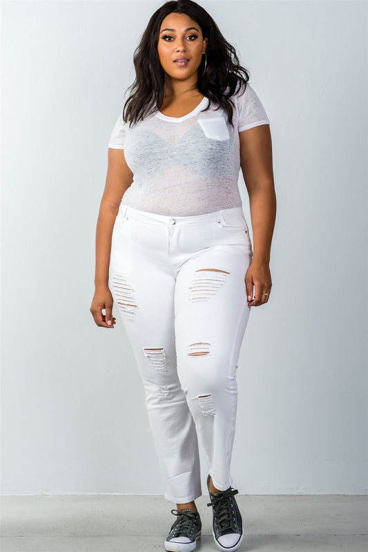 Ladies fashion plus size mid rise distressed jeans