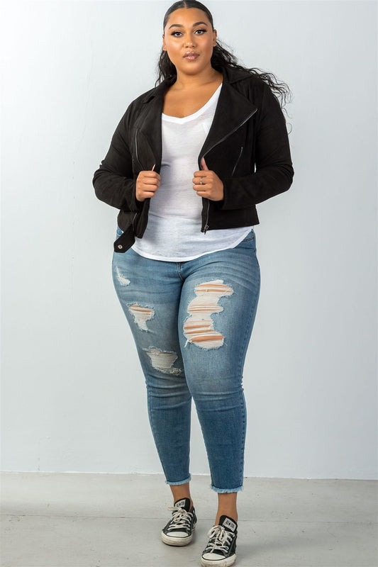 Ladies fashion plus size asymmetric zippered faux suede jacket