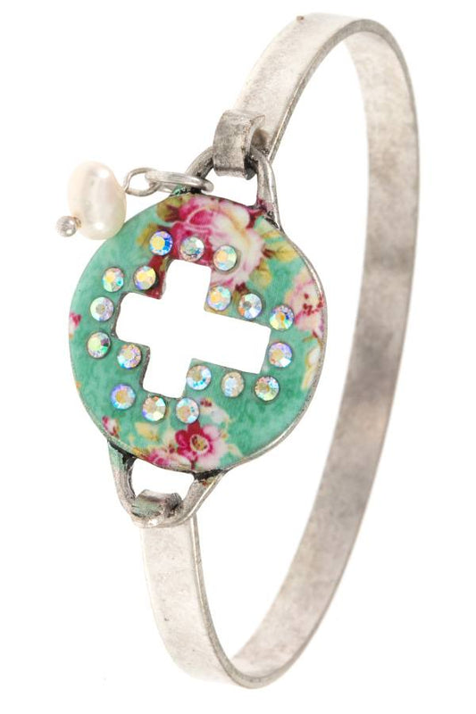 Ladies fashion rhinestone pave cross cut out bangle bracelet