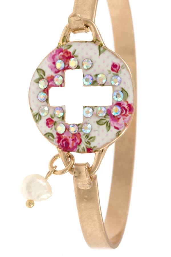 Ladies fashion rhinestone pave cross cut out bangle bracelet