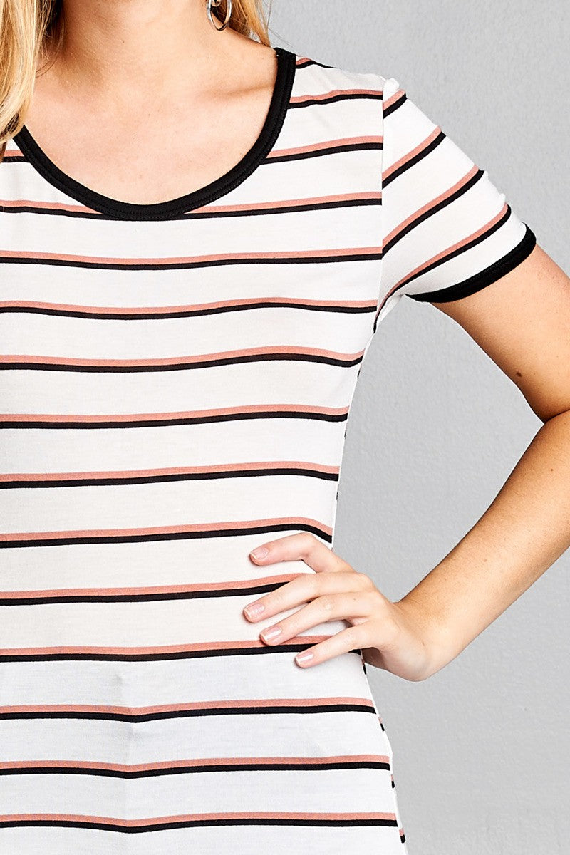 Ladies fashion short sleeve round neck yarn dye stripe rayon spandex jersey top