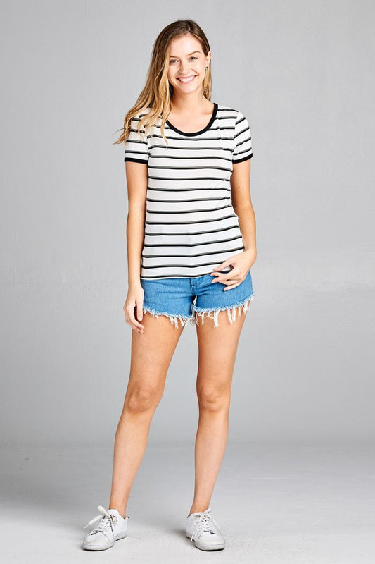 Ladies fashion short sleeve round neck yarn dye stripe rayon spandex jersey top