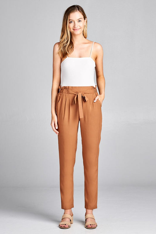 Ladies fashion self ribbon detail long leg woven pants