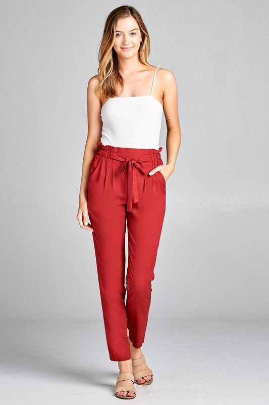 Ladies fashion self ribbon detail long leg woven pants