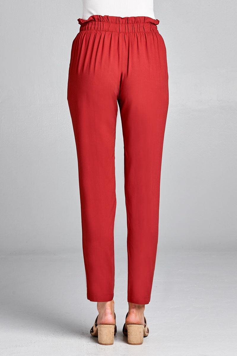 Ladies fashion self ribbon detail long leg woven pants