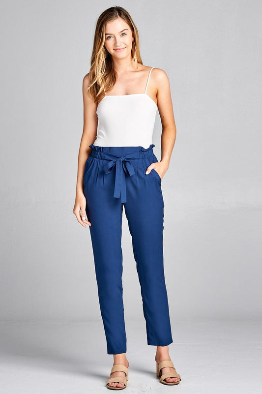 Ladies fashion self ribbon detail long leg woven pants