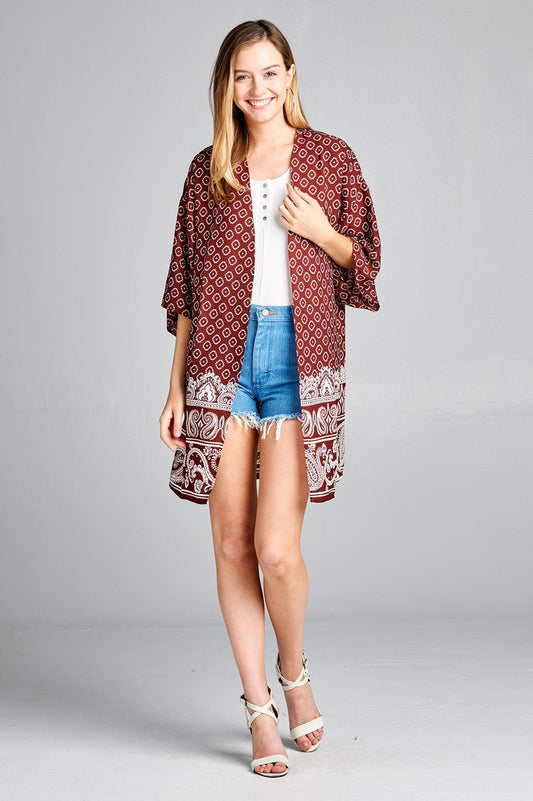 Ladies fashion plus size open front border print woven kimono