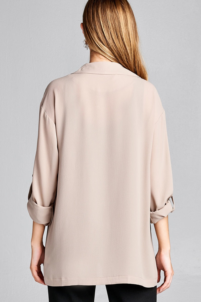 Ladies fashion plus size 3/4 roll up sleeve open front woven jacket