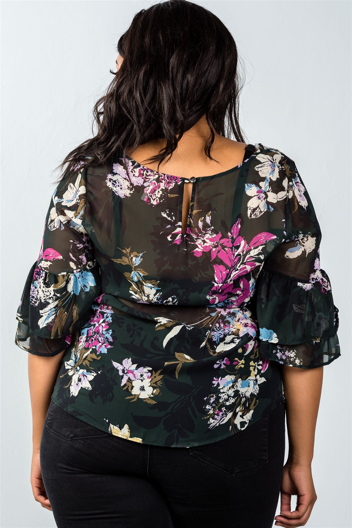 Ladies fashion plus size olive and rose floral sheer print top