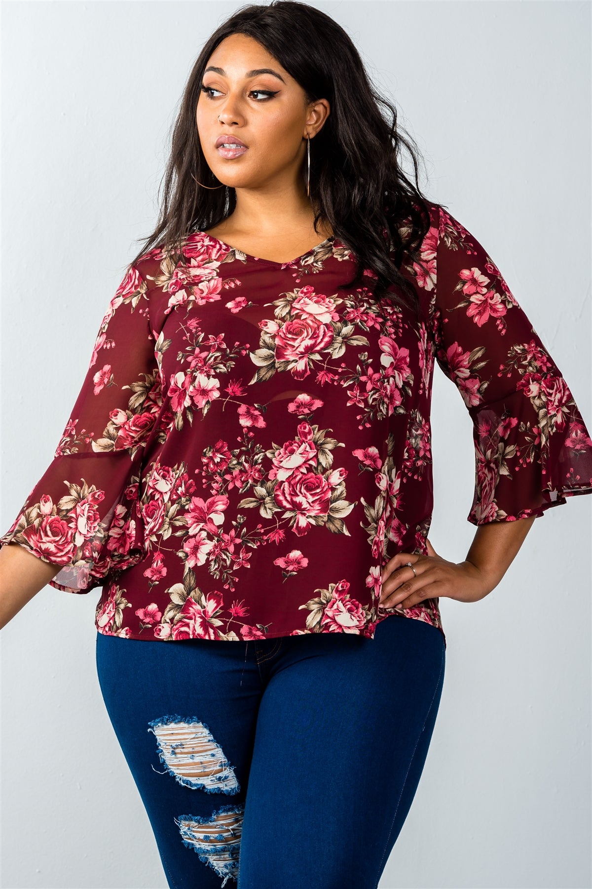 Ladies fashion plus size v neckline burgundy sheer floral bell-sleeve top