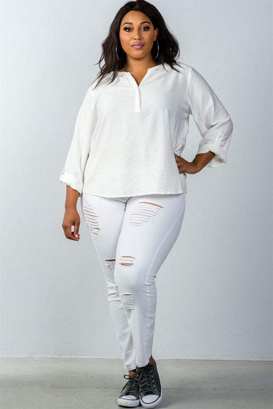 Ladies fashion plus size oatmeal stand-up collar roll tab sleeve blouse