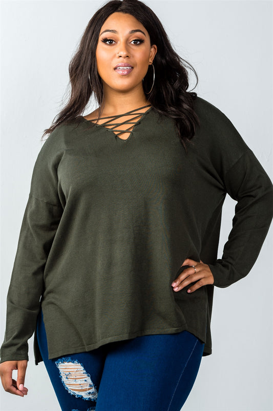 Ladies fashion plus size olive lace up v-neck slit side solid loose pullover