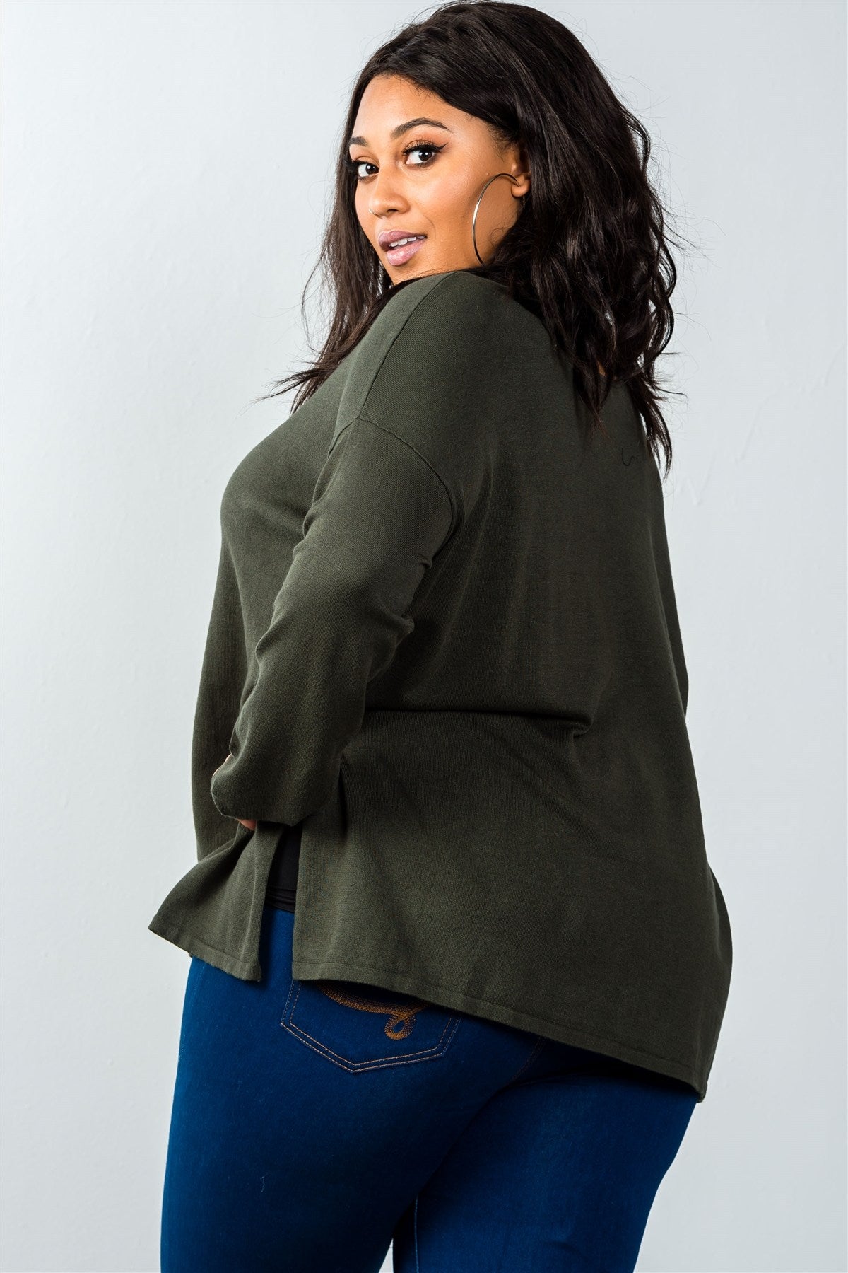 Ladies fashion plus size olive lace up v-neck slit side solid loose pullover