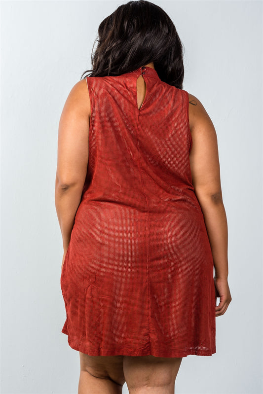 Ladies fashion plus size mini length rust and nude illusion high neck swing dress