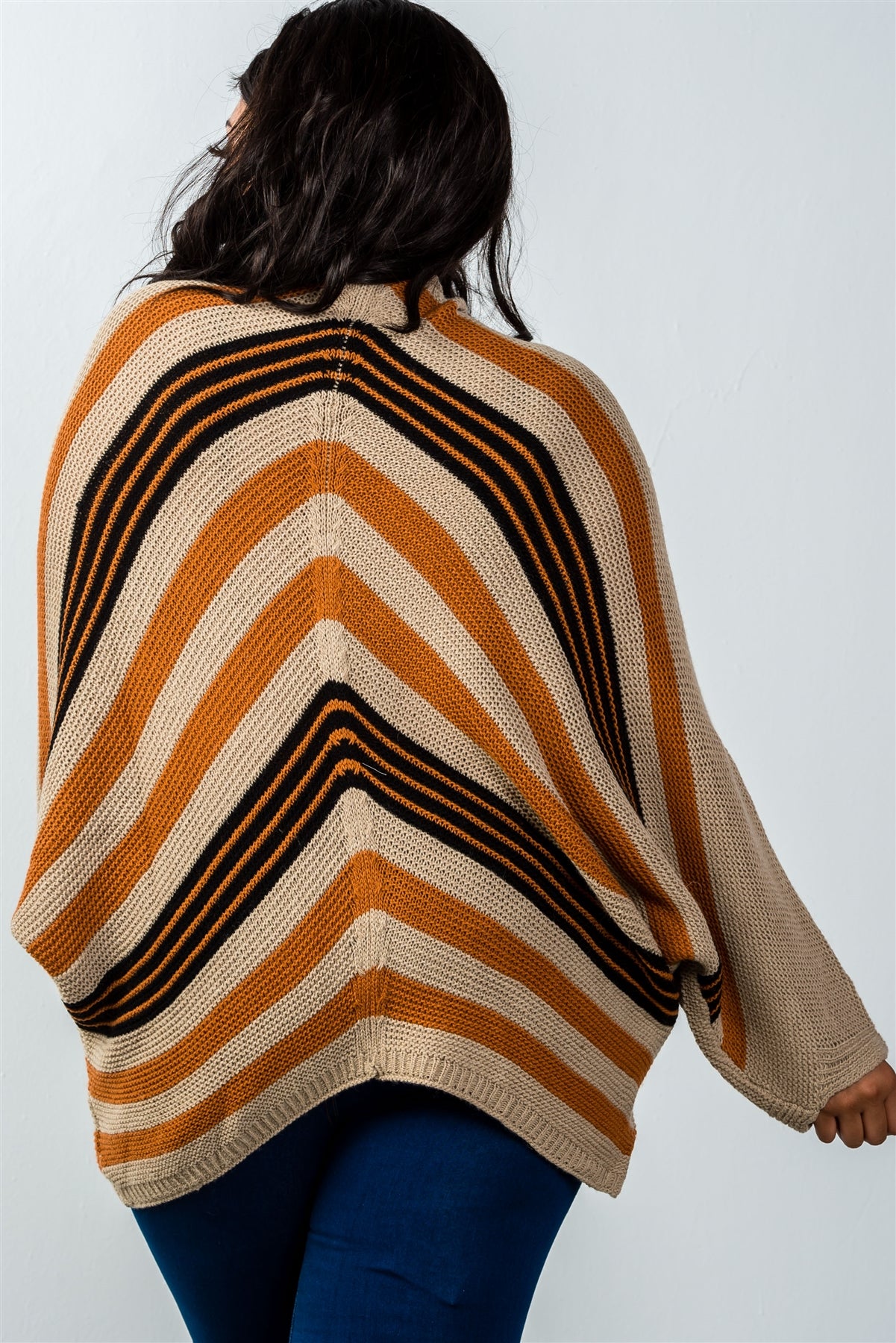 Ladies fashion plus size multi mocha stripe oversized knit cardigan