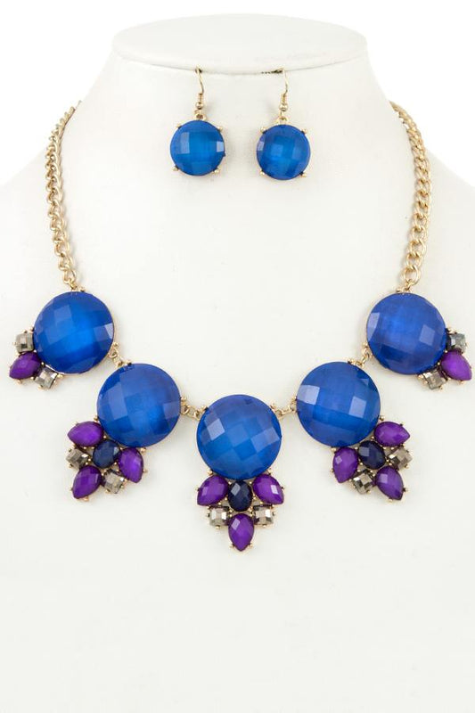 Ladies fashion round faceted framed link gem bib necklace set